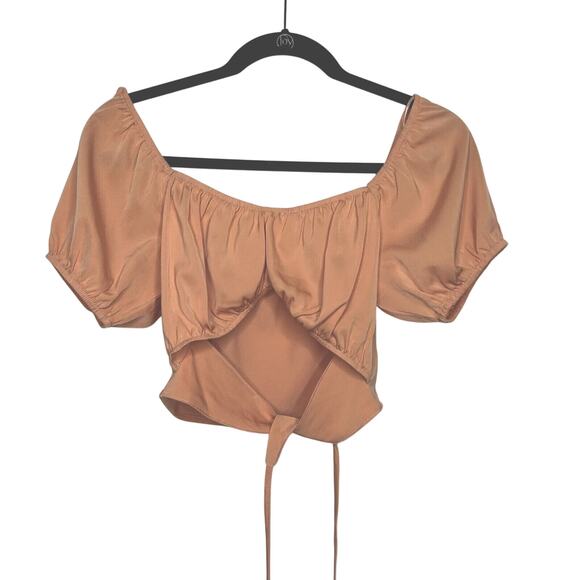 Le Lis Peach Puffed Short Sleeve Front Tie Elastic Neck Sleeve Crop Top L - Picture 5 of 15